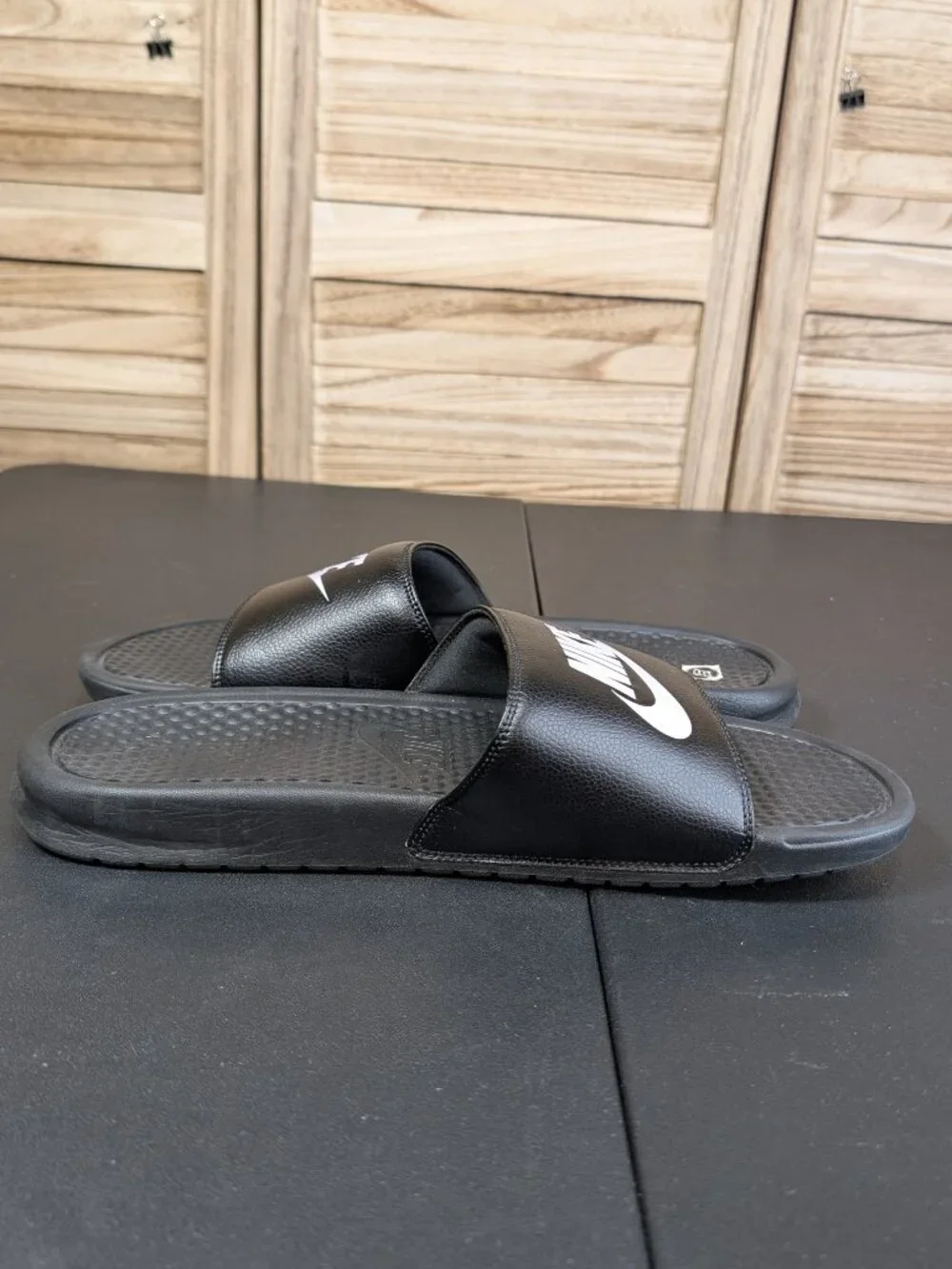 Nike Black Slides with White Swoosh Size 15